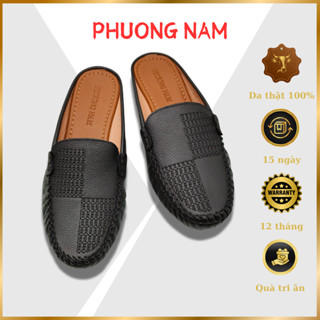  Giày Sục Nữ Trung Niên PHƯƠNG NAM - Da Bò Mũi Tròn Hở Gót Đế 2cm Dệt Caro Sang Trọng 