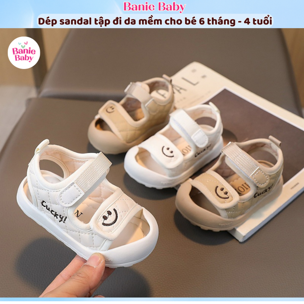 Dép Sandal Tập Đi Mũi Chống Vấp Quai Ngang Dán Da Mềm Thêu Hình Gấu Đáng Yêu Cho Bé Trai Bé Gái Từ 1-4 Tuổi - Banie Baby