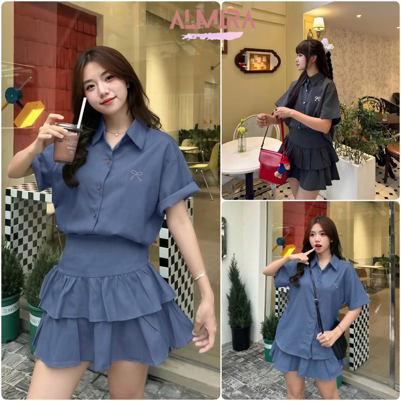 Sét Váy Nữ (AL5) Gồm Áo Sơ Mi Tay Ngắn Thêu Nơ Kèm Chân Váy 2 Tầng, Chất Thô, Almira Store - Top, Wo