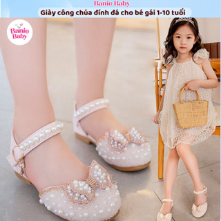 Giày Búp Bê Bé Gái, Giày Công Chúa Đính Đá Nơ Lấp Lánh Phong Cách Tiểu Thư Chất Da Mềm Cao Cấp Cho Bé Gái 1 - 8 tuổi