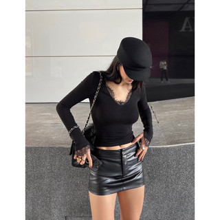 [HÀNG ĐẶT TRƯỚC] Áo thun cổ tim dài tay phối ren #456