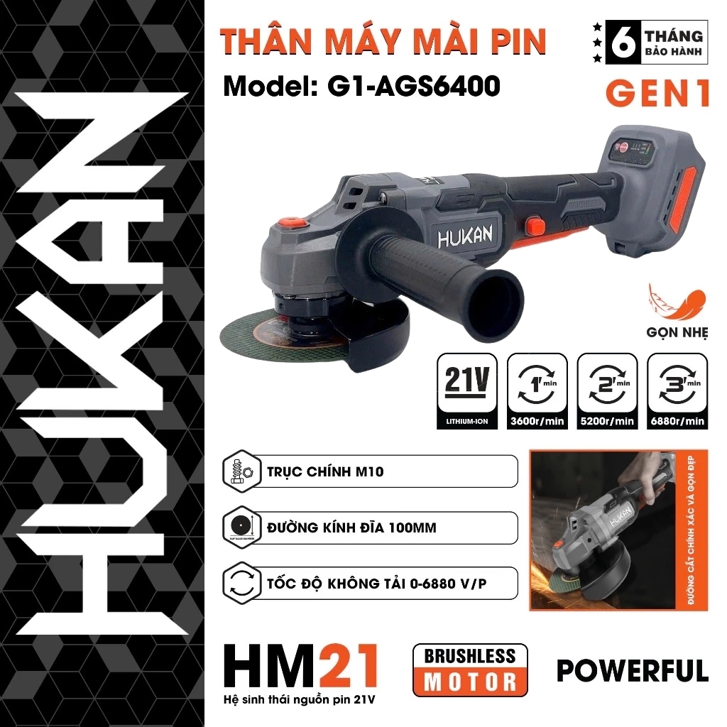 Thân máy mài pin HUKAN AG6400BL Black, 3 tốc độ, Động cơ Không chổi than