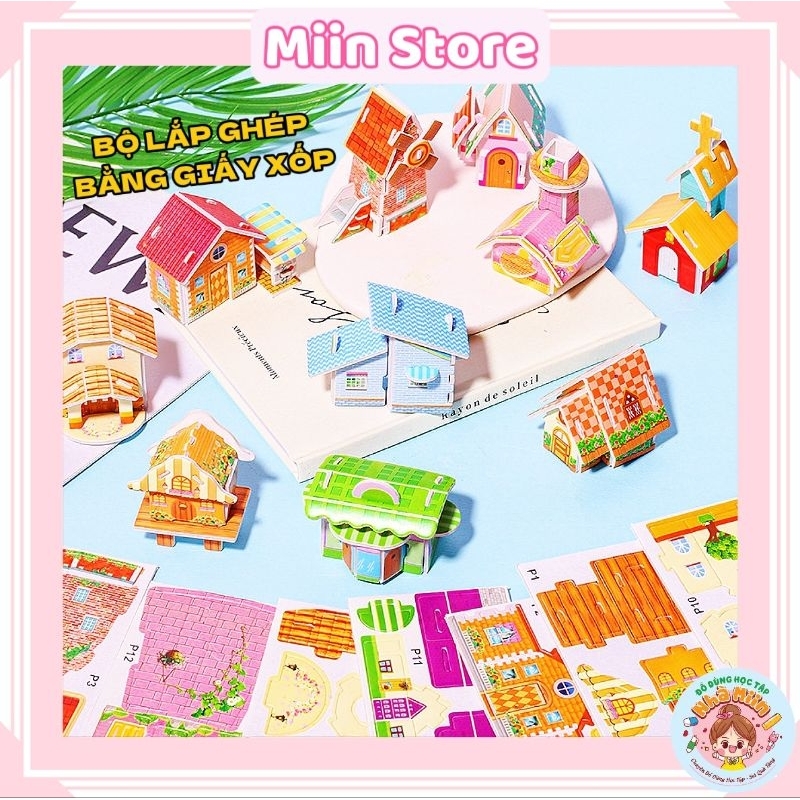 Set 10 Miếng Lắp Ghép Mô Hình Ngôi Nhà Mini 3D Bằng Giấy Xốp Thẻ Lắp Ráp Gồm 10 Mẫu Nhà Cho Bé Rèn L