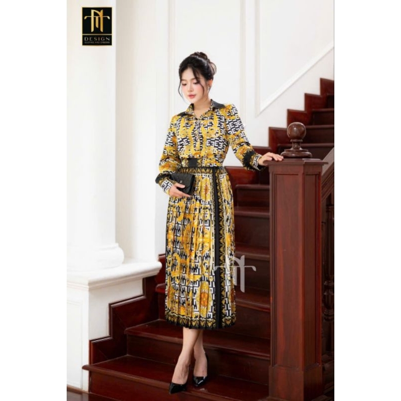 Set lụa sơmi dài tay mix chân dập li