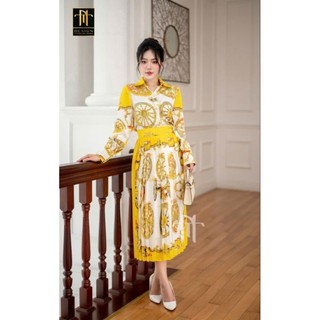 Set lụa sơmi dài tay mix chân dập li