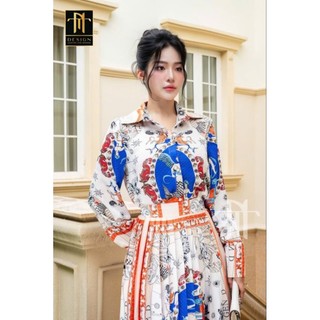 Set lụa sơmi dài tay mix chân dập li