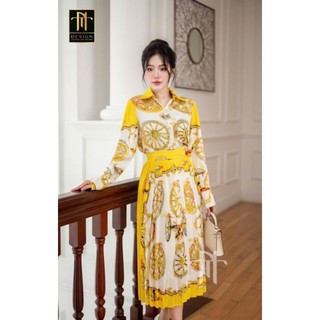 Set lụa sơmi dài tay mix chân dập li