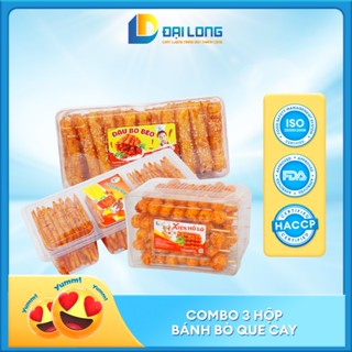 COMBO que cay chính hãng Đại Long 3 hộp bánh bò miếng vừng, xiên hồ lô,quẩy bò đồ ăn vặt cổng trường