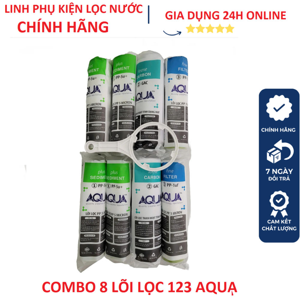 Combo 8 Lõi Lọc Nước 123 AQUA Gồm 4 Lõi Số 1, 2 Lõi Số 2, 2 Lõi Số 3 - Tặng Kèm Tay Vặn Cốc Lọc