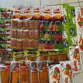  150ăn vặt  :60 đùi bò dưa hấu,60 sườn dê 5 nem nướng phên,5 snack mèo yêu cá,5 nem tôm ,5 phô mai que 5 gân gà,5 hổ kaka 