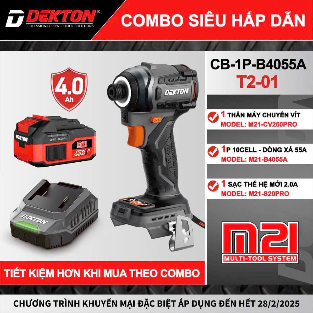 Combo Máy chuyên vít Pin 21V Dekton M21-CV250PRO Gen3, 1 Pin 21V 4.0Ah Dekton M21-B4055A, 1 Sạc Dekt
