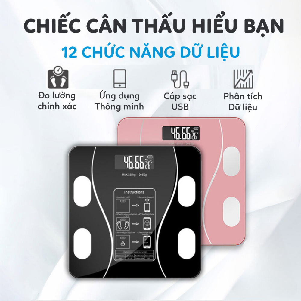 Cân Điện Tử Sức Khỏe Thông Minh - Đo Lượng Mỡ Và Nước Trong Cơ Thể, Tính Chỉ Số BMI Có Độ Chính Xác 