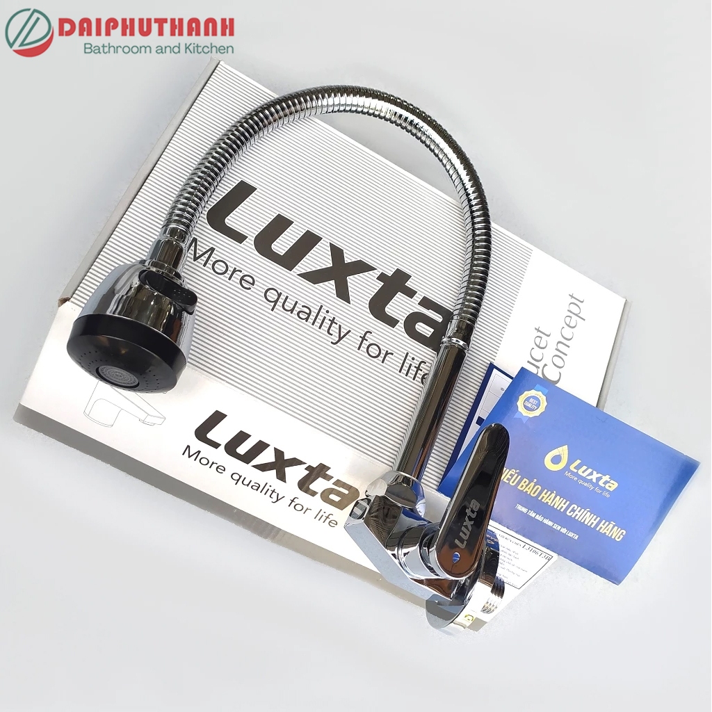 Vòi Bếp Vòi Rửa Chén Bát Lạnh Gắn Tường Inox mạ Crome LUXTA L3106T3B - Vòi âm tường thân uốn dẻo, tăng áp 2 chế độ