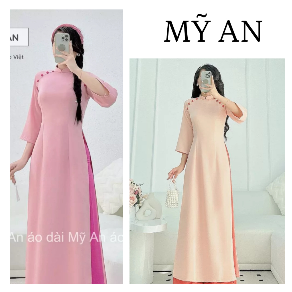 [SẴN HÀNG ] Áo dài trơn đính cúc lụa Tây Thi, dáng truyền thống, tà A,cổ chữ V, tay loe các màu, nữ - Áo Dài Mỹ An