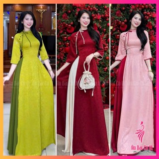 Áo Dài Nữ Truyền Thống Minh Khuê Vải Gấm Cổ Lệch Cách Điệu Đính Nơ Và Cúc Tay Lỡ Hàng May Sẵn