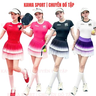 Bộ tập pickleball nữ mix áo croptop với chân váy tầng chất thun tập pickleball, tenis, golf BP44