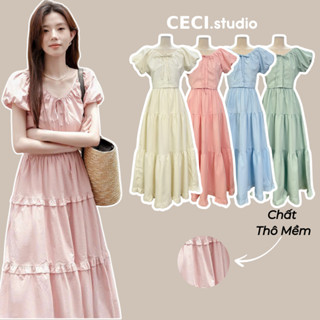 Set Áo Nữ Croptop Dáng Dài Cổ V Tay Bồng Kèm Chân Váy Xòe Dài, Set Váy Hè Nữ Tiểu Thư Kiểu Hàn Quốc- CECI.studio - S268
