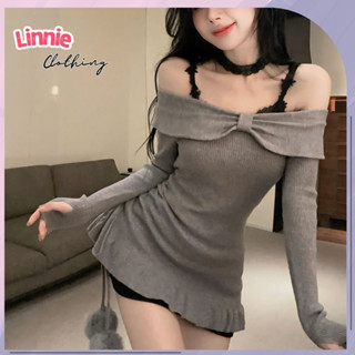 Set váy dài tay trễ vai nhún eo viền bèo LINNIE kèm đầm 2 dây ren dáng ôm gợi cảm vải mềm mại VAY04