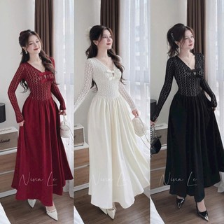  Đầm ren hoa phối vải cotton lạnh dáng dài cổ chữ V xẻ ngực đính nơ tay dài váy xoè nhẹ nhàng tiểu thư 