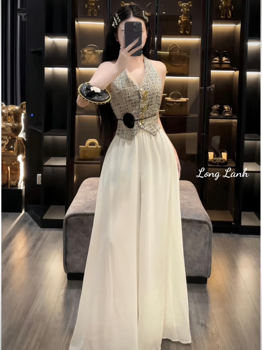 Sét dạ nữ sét đồ nữ áo dạ khuy đồng kèm quần suông trắng dài siêu xinh HK DESIGN