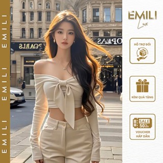 Set áo quây cúp ngực phối nơ dài tay Emili phối quần ống suông phong cách kiểu nữ [T1177]