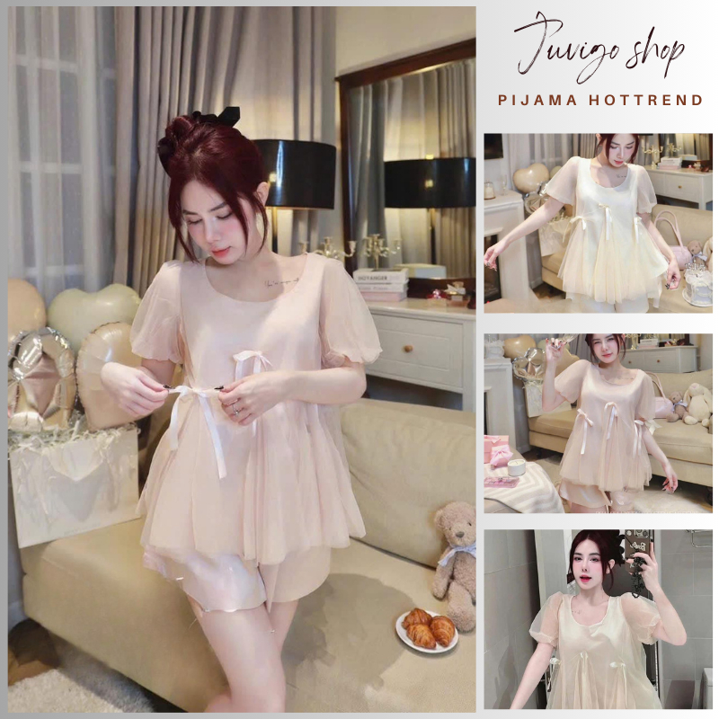 Pjiama nữ,đồ ngủ nữ cộc tay cổ vuông chất lụa mềm phối voan buộc dây eo phong cách tiểu thư siêu xin