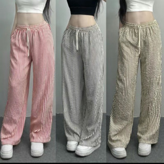 Quần Nữ Kẻ Sọc Ống Suông From Xinh Thoải Mái Cạp Chun Dễ Mặc, Chất Vải Thô Nhăn Mềm, Mát QNT
