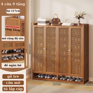 Tủ giày 8,9 tầng chất liệu gỗ tre cửa mở thoáng khí, kệ đựng giày dép dung tích lớn có kệ hở đáy để dép đa năng cao cấp