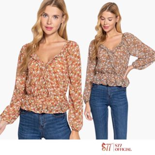 Áo hoa dài tay cổ V vạt đắp dáng Peplum bèo cổ vải Chiffon S77.SP10851