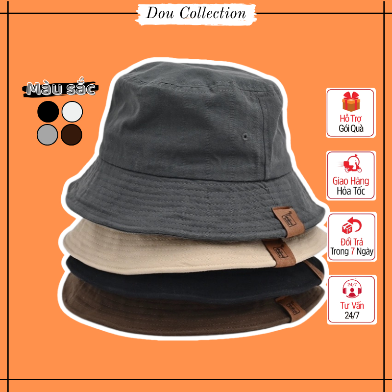 Mũ Bucket Unisex Nam Nữ, Nón Tai Bèo Vành Ngắn Trơn Phối Tag 2 Chữ F Lồng Nhau Phong Cách Đường Phố 