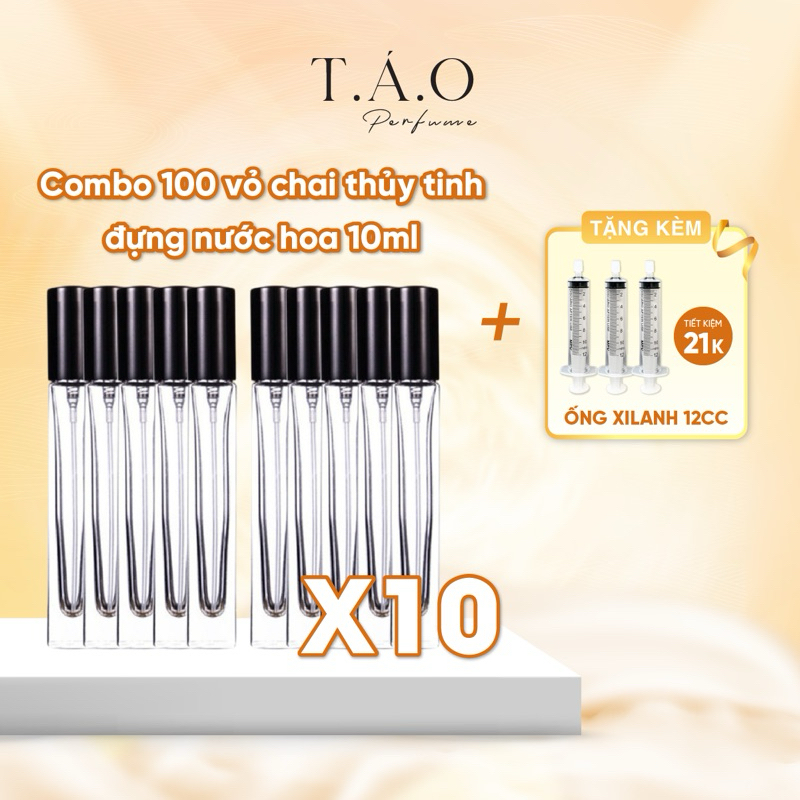 [ Tặng 3 xi lanh ] Combo 100 CHAI lọ ống chiết nước hoa thuỷ tinh trụ vuông 10ml chuẩn