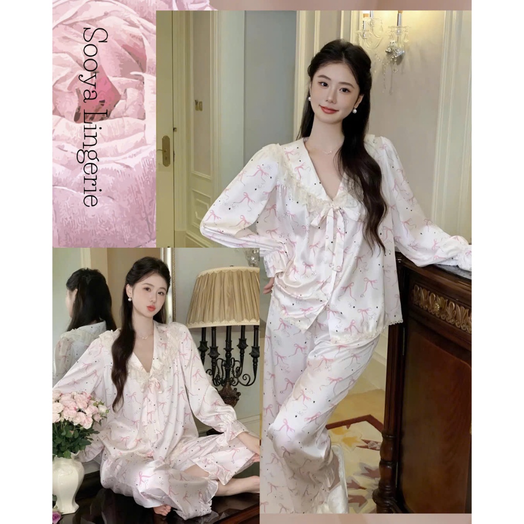 Bộ Ngủ Lụa Cổ Tròn Họa Tiết Nơ SOOYA CREAM Dáng Tiểu Thư Thanh Lịch Mềm Mịn Thoáng Mát [N045] [N125]