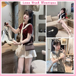 [ Tặng kèm khăn ] Bộ Áo Cổ Tròn Thắt Nơ Thủy Thủ và Chân Váy Xếp Li Dễ Mặc Cho Nữ - Women By Loan Đinh Boutique LD265