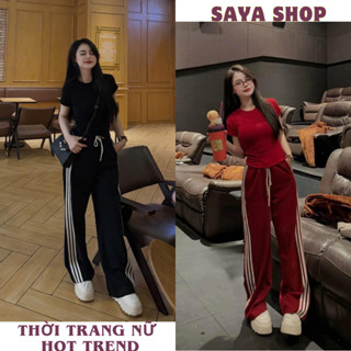 Set đồ nữ, bộ mặc nhà nữ áo thun form basic mix quần ống suông viền sọc cực xinh SaYa Shop HCOM25171