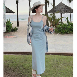 Set thiết kế 2 món đầm body hai dây siêu xinh cho nàng đi biển có mút ngực dáng dài kèm khoác sơmi caro tay dài