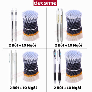 2 Bút + 10 Ngòi Bút Gel Bấm Decorme ngòi bút nước bút gel resun muji 0,5mm mực đen xanh đỏ