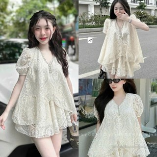  Sét váy thiết kế nữ tiểu thư cách điệu sét ren thêu hoa tay bồng cổ v đính đá vạt khoét from babydoll phối chân váy 2lớp 