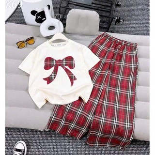 SÉT BỘ QUẦN DÀI ÁO THUN BÉ GÁI ( HỌA TIẾT NƠ Ô VUÔNG ) chất vải mềm mịn size 9-45 kg m65