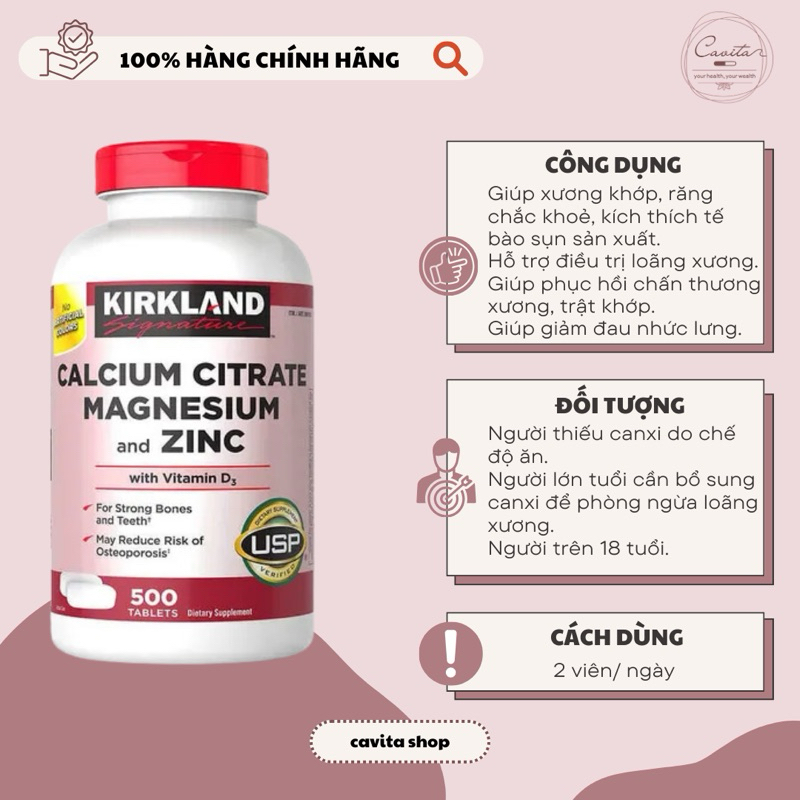 Viên bổ sung Canxi hữu cơ, Kẽm, Magie Kirkland Calcium Citrate, Magnesium & Zin C 500 viên