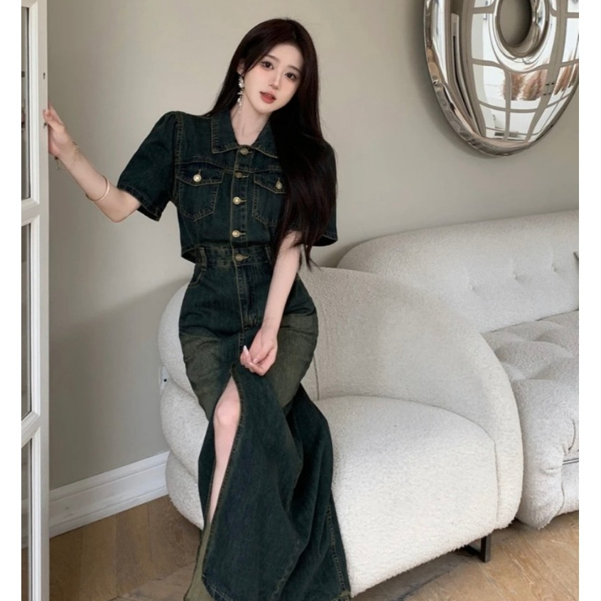 Đầm Jean Nữ Midi Dáng Dài Tay Ngắn Chiết Eo Dáng Xòe Tone Màu Nhẹ Nhàng, Nữ Tính