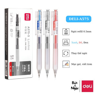 Bút Bi Nước Đen Xanh Đỏ Gel Bấm Deli A575 3 màu mực Viết Trơn Tru Ngòi 0.5mm, viết êm thay ống mực