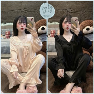 Đồ Ngủ Nữ, Đồ Bộ Tiểu Thư JULY Pijama Cổ Thủy Thủ Phối Ren Tay Dài Điệu Đà Chất Lụa Latin Mềm Mịn Freesize