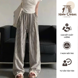 Quần Ống Rộng Nữ ,Chất Liệu Đũi Thô Nhăn Cực Mát Quần Suông Kẻ Trắng Đen Cá Tính