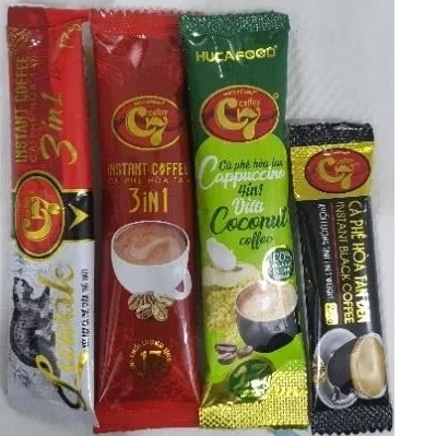 Combo 4 Gói Các Vị Cafe C7 ( Luwak Con Chồn Vàng C7, Cafe Hòa Tan 3in1 C7, Cafe Capuchino Dừa C7, Ca