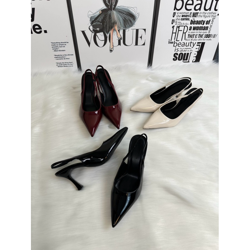  Giày Cao Gót 7Phân Da Bóng Mềm Mũi Nhọn Quai Sau Chun Hàng Cao Cấp Full Hộp (T01)