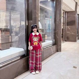 Sét áo Baby Three cổ bẻ + quần xuông kẻ cho bé gái size 14-43kg