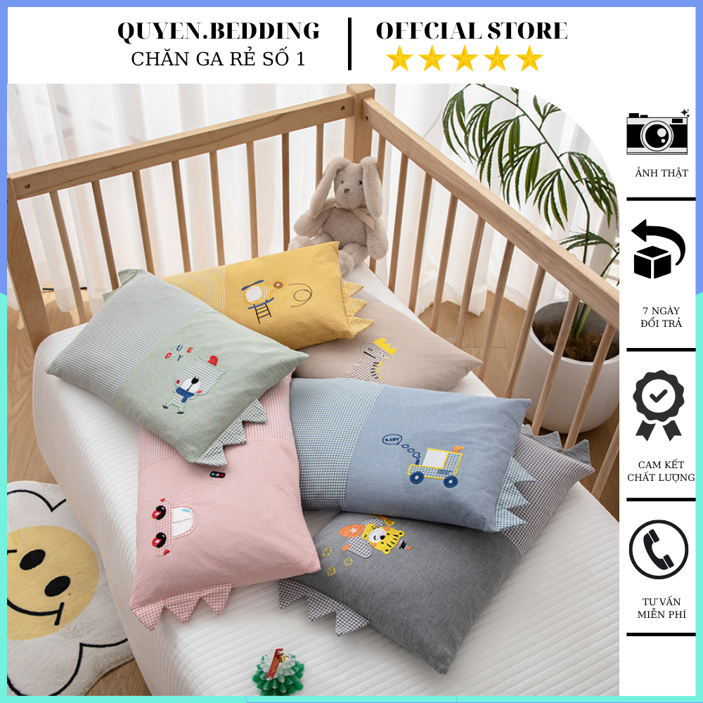 Gối cotton trẻ em gối cho bé đi học QUYEN.BEDDING vải cotton 100% họa tiết thêu ngộ nghĩnh mềm mại thoáng khí