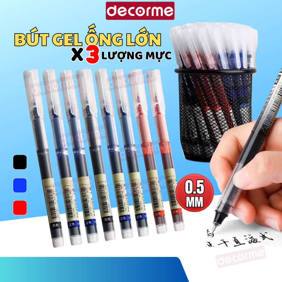 Bút gel ngòi kim DecorMe bút nước ống mực 0.5mm 3 màu đen xanh đỏ viết mực đẹp nét đều Snowhite Muji văn phòng phẩm