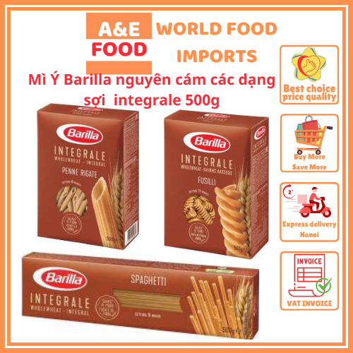 Mì Ý Barilla nguyên cám các dạng sợi ống dài spaghetti, penne, fusilli integrale 500g