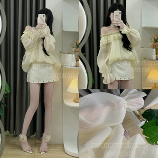 [ ẢNH THẬT BY HTA ] Set đồ nữ áo trễ vai tơ chân váy , Set áo trễ vai tay dài phối bèo tơ bí đuôi tôm mix chân váy A